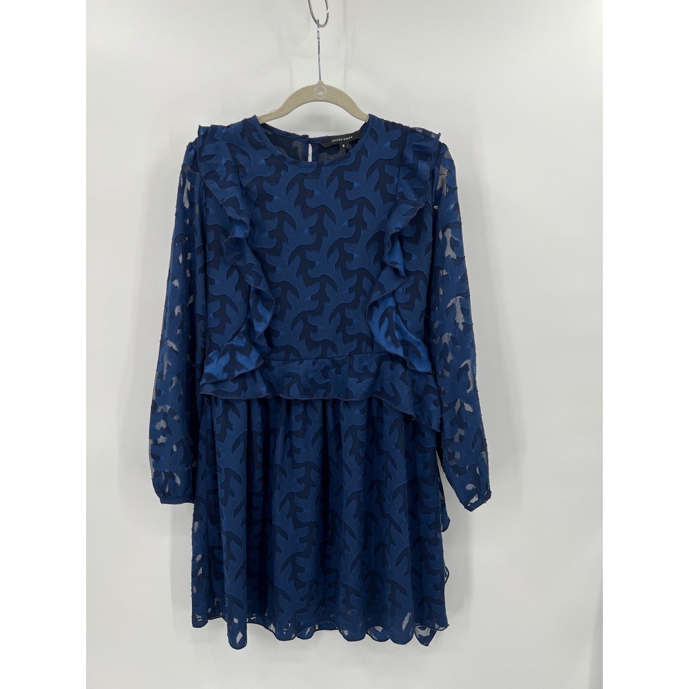 Walter Baker Fae‎ Fil Coupe Navy Burnout Ruffle Mini Dress Sheer Long Sleeve 8